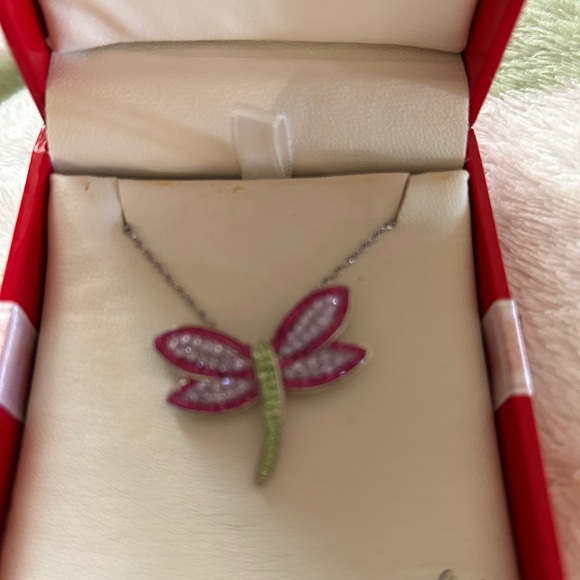 Kaleidoscope - Pink and Lime Dragonfly Pendant Necklace with Sparkle Accents - Picture 3 of 6